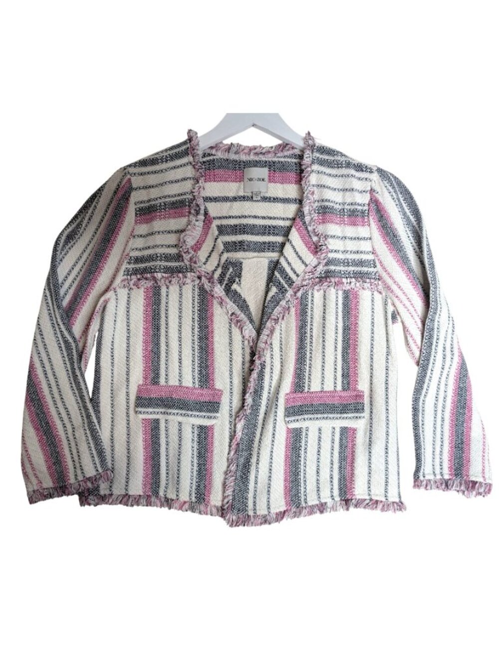 NIC+ZOE Voyage Textured Fringe Tweed Jacket Pink & Blue Striped Size L - Picture 12 of 14